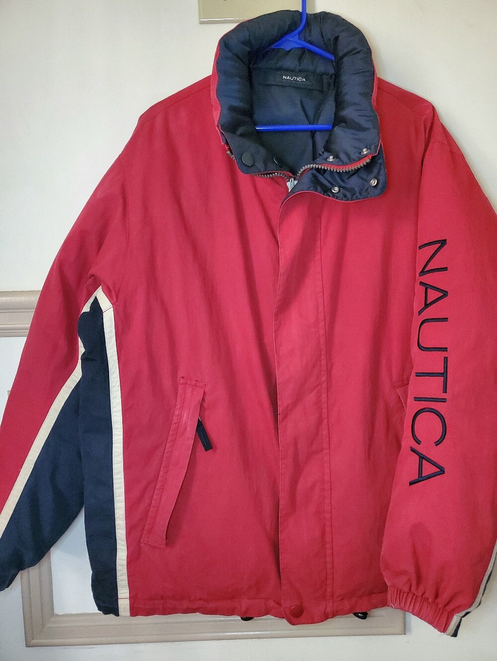 Vintage 90s Nautica Reversible Down Jacket Red Navy Colorblock Sailing Coat